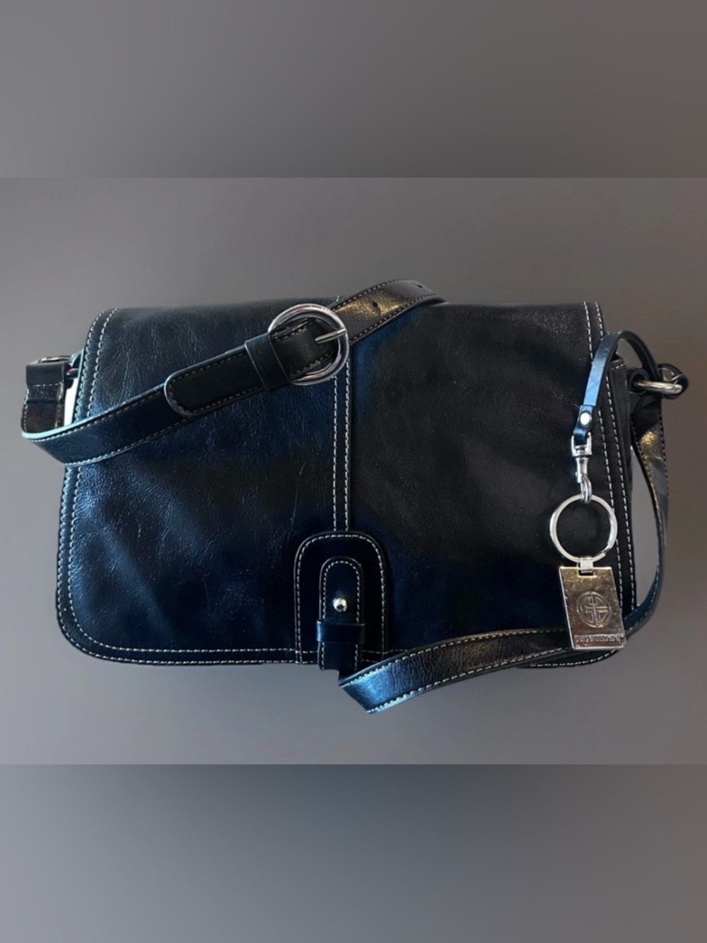 Giani Bernini Black Leather Crossbody Bag Adjustable Strap Zip Pockets Ex Cond